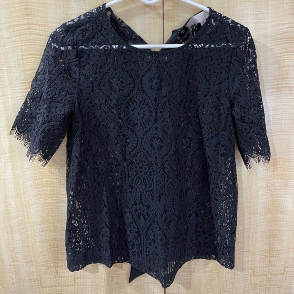 LOFT Black Lace Short Sleeve Top with Bow in Back‎
